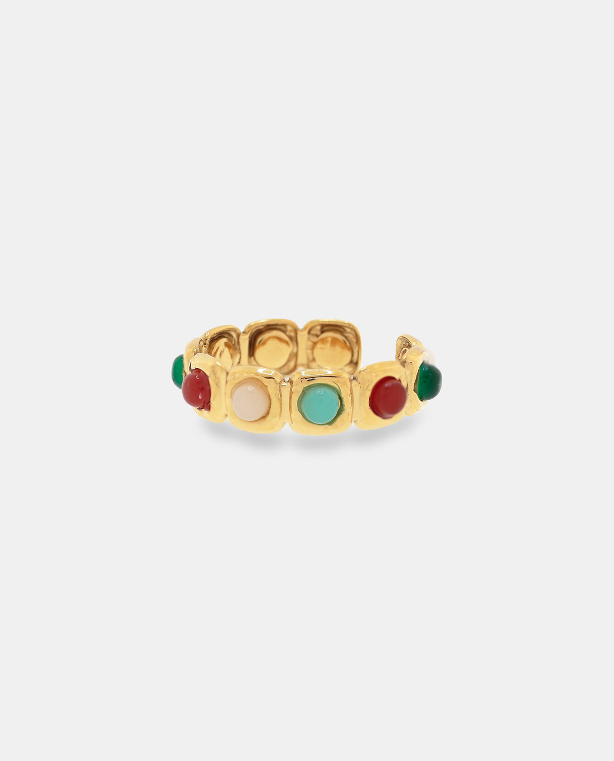Anillo acero dorado con piedras de colores.