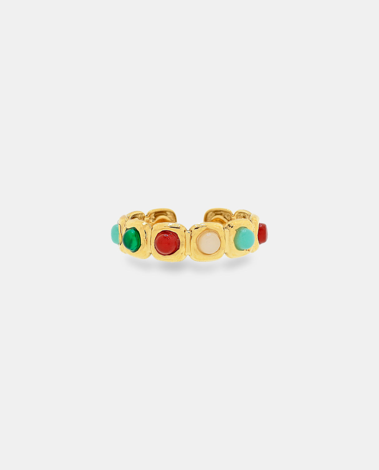 Anillo acero dorado con piedras de colores.