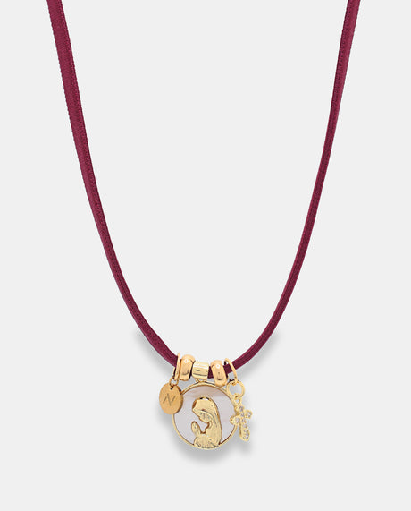 Collar Chic granate con motivo Virgen. Elástico regulable.
