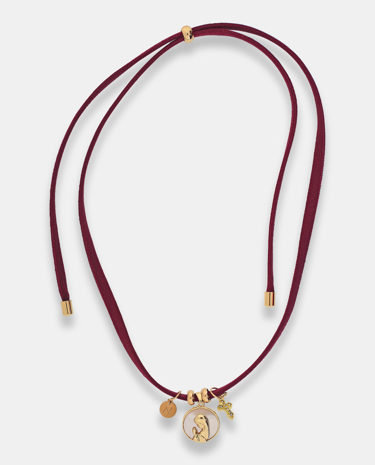 Collar Chic granate con motivo Virgen. Elástico regulable.