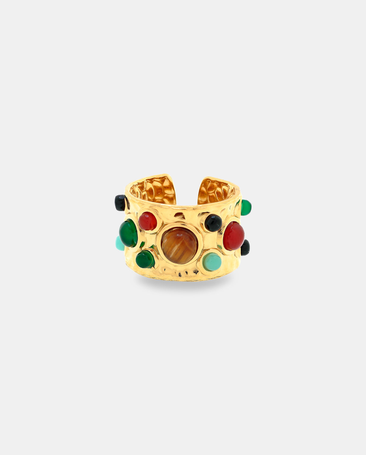 Anillo ancho en acero dorado con piedras de colores.