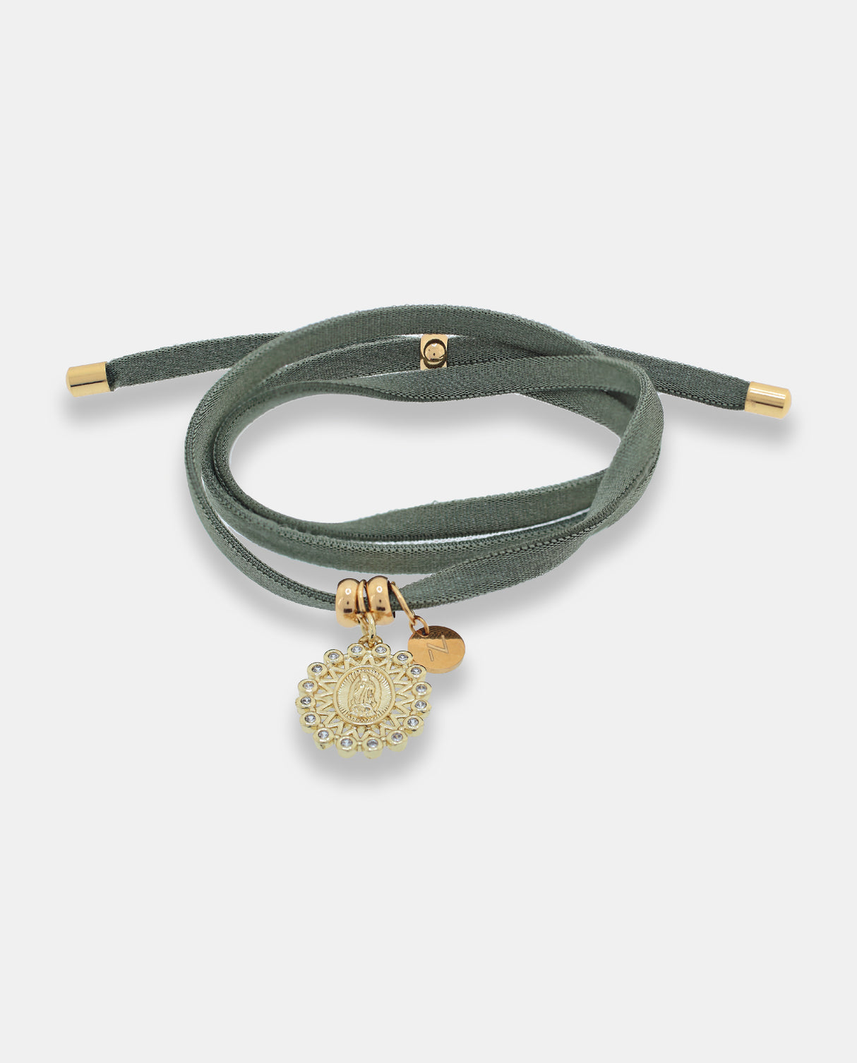 Collar Chic verde  con motivo Virgen. Elástico regulable