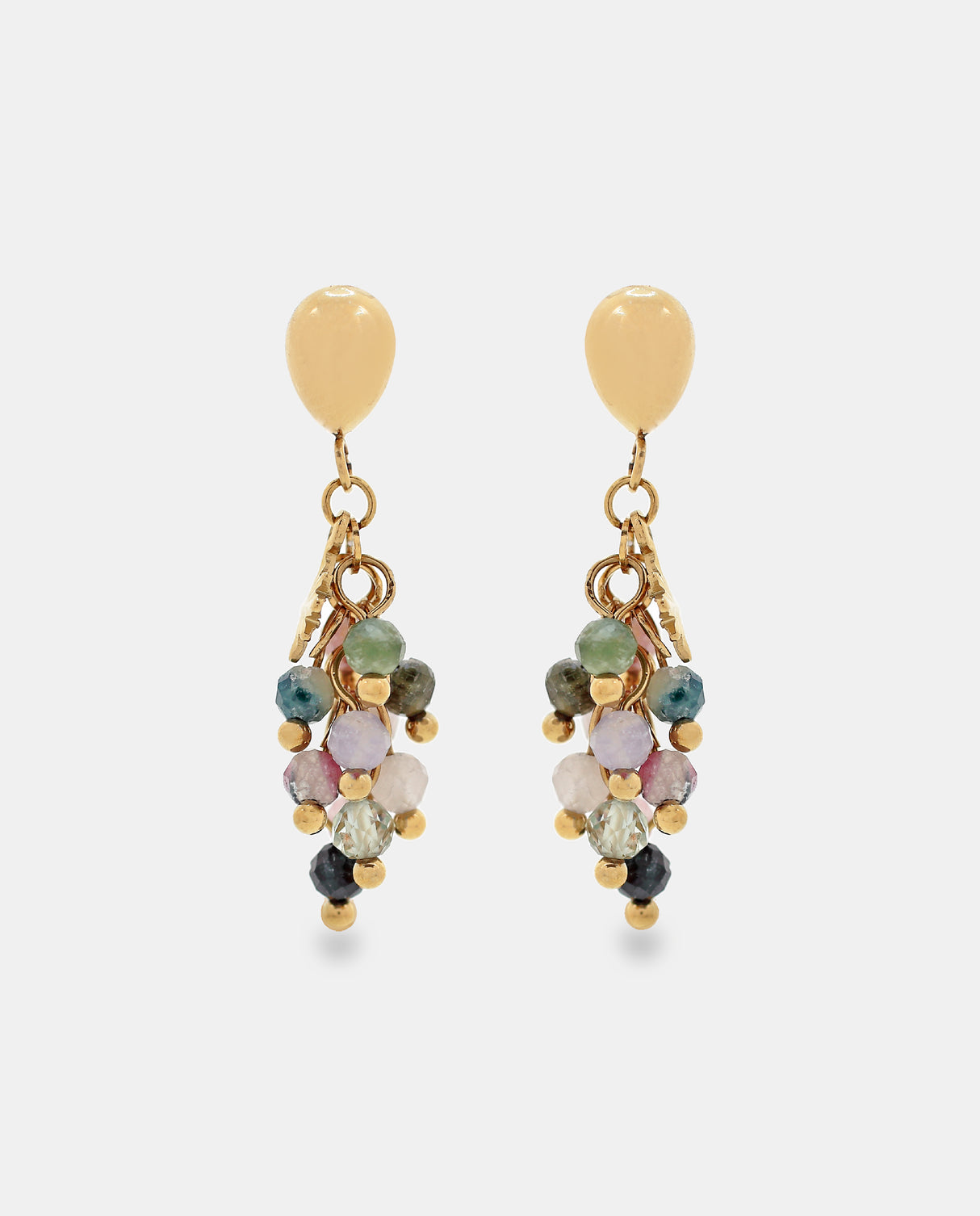 Pendientes en acero dorado con racimo de cuentas multicolor.